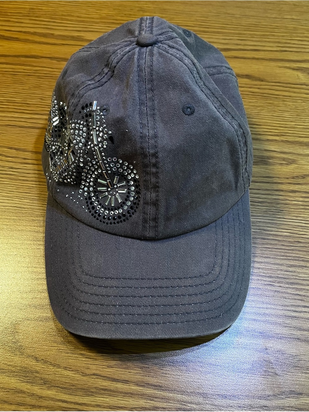 Embellished Grey Adjustable Baseball Cap with Rhinestone Bicycle Accent